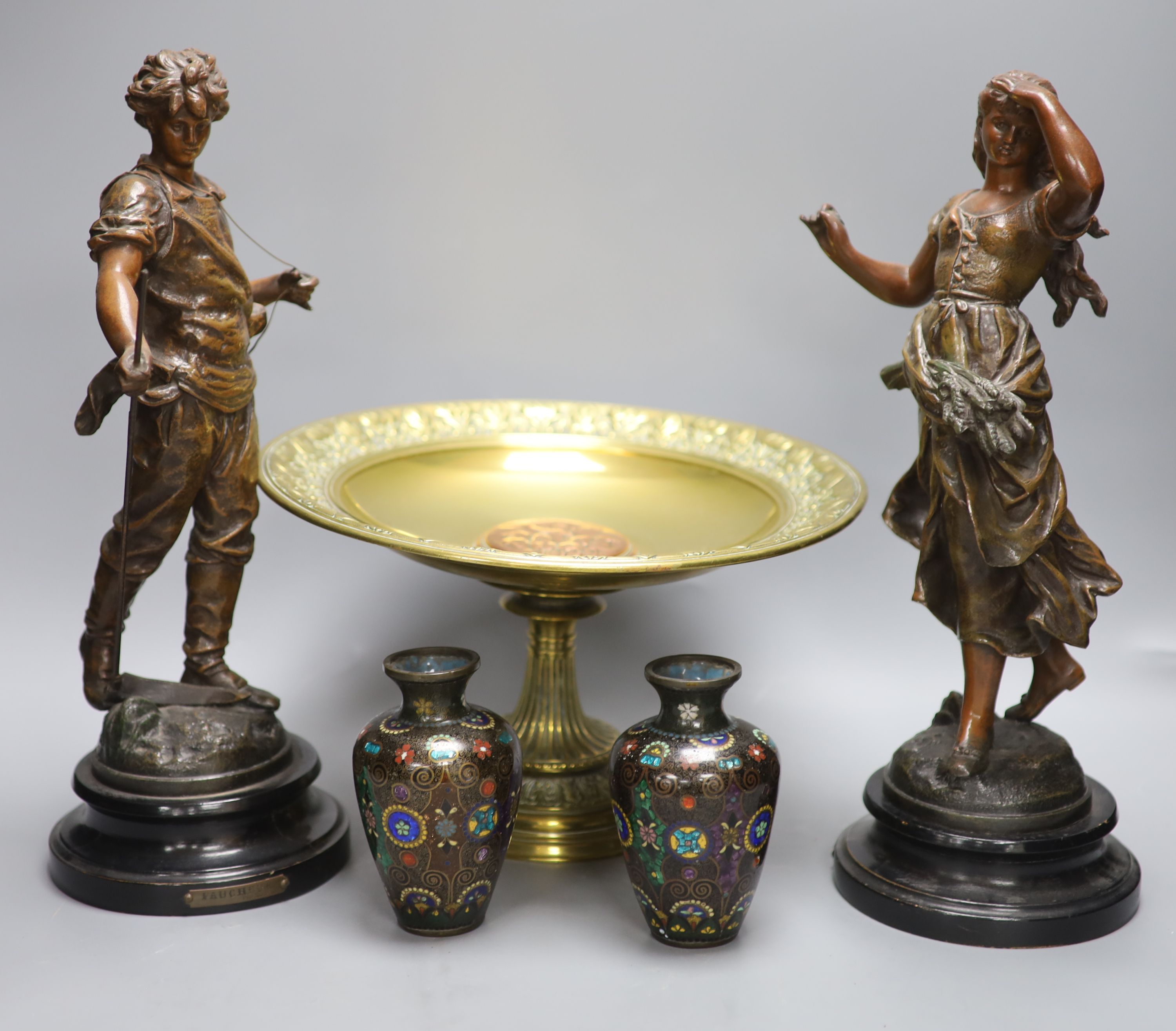 A pair of spelter figures, a pair of cloisonne vases and a Victorian brass and copper tazza, tallest 40cm
